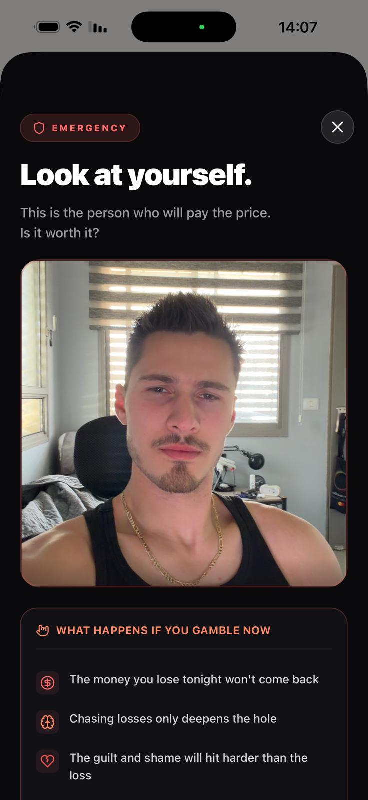 PiggyBank app emergency urge support screen with mirror and consequences