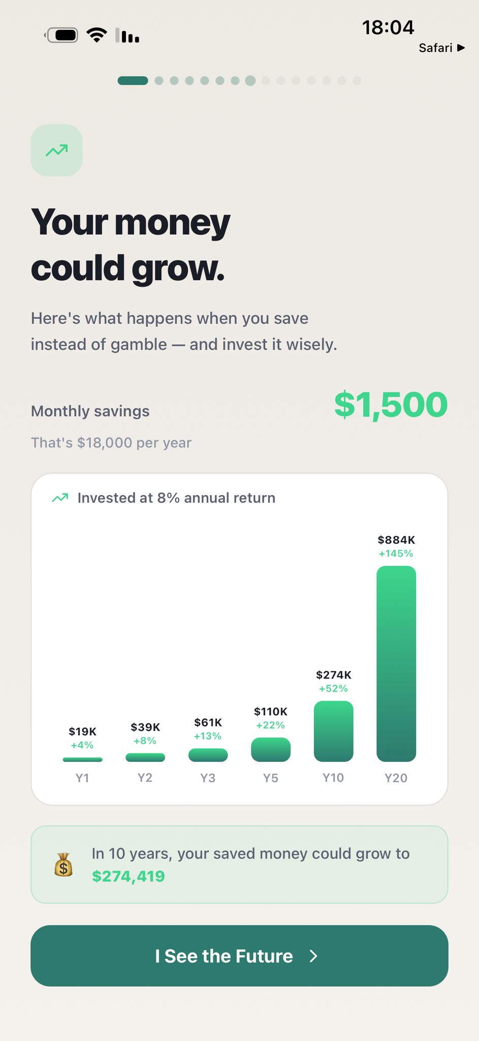 PiggyBank app projection screen showing how saved money could grow