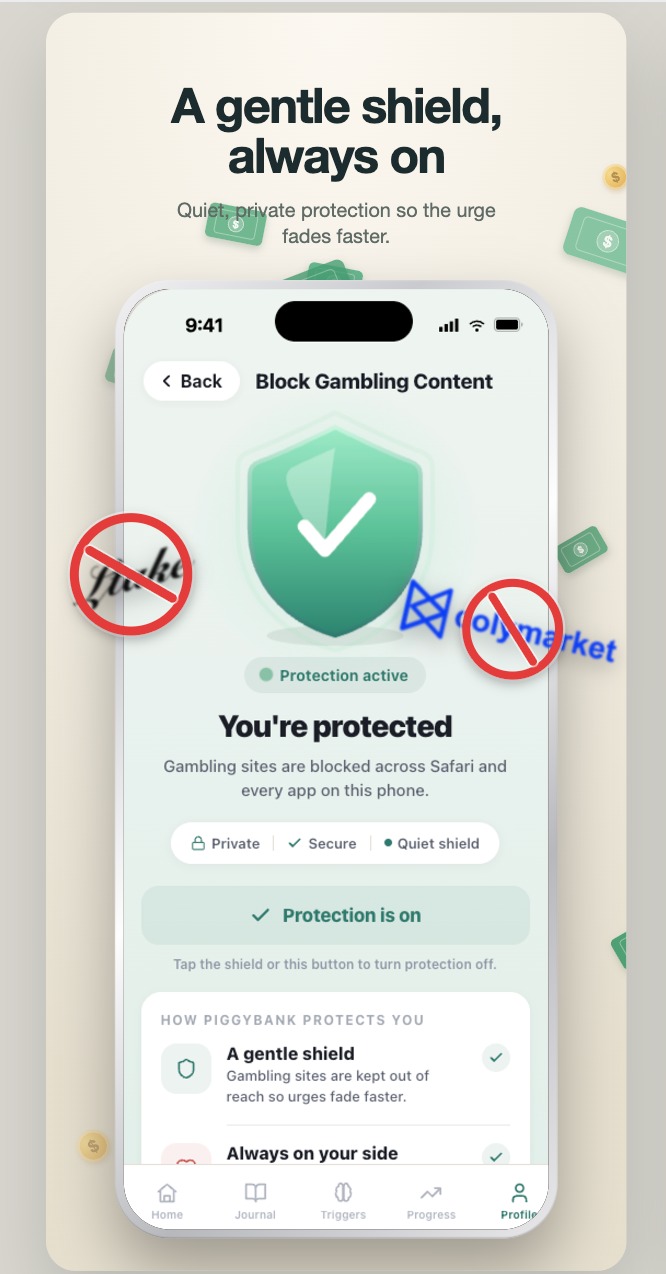 PiggyBank app protection screen showing gambling content blocked