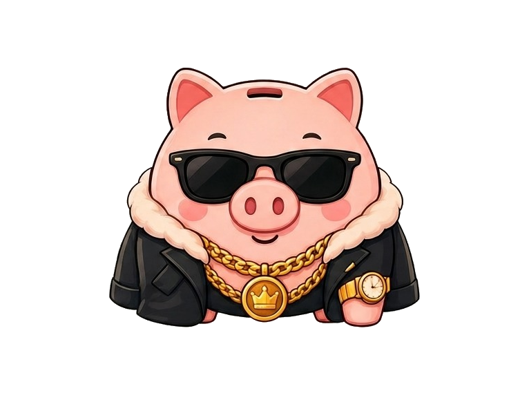 PiggyBank mascot pig wearing sunglasses and a gold chain